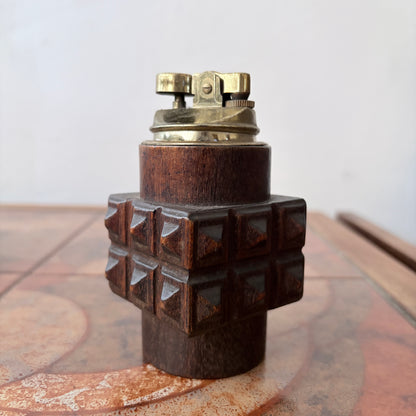 Vintage Brutalist Carved Wood Table Lighter – Mid-Century