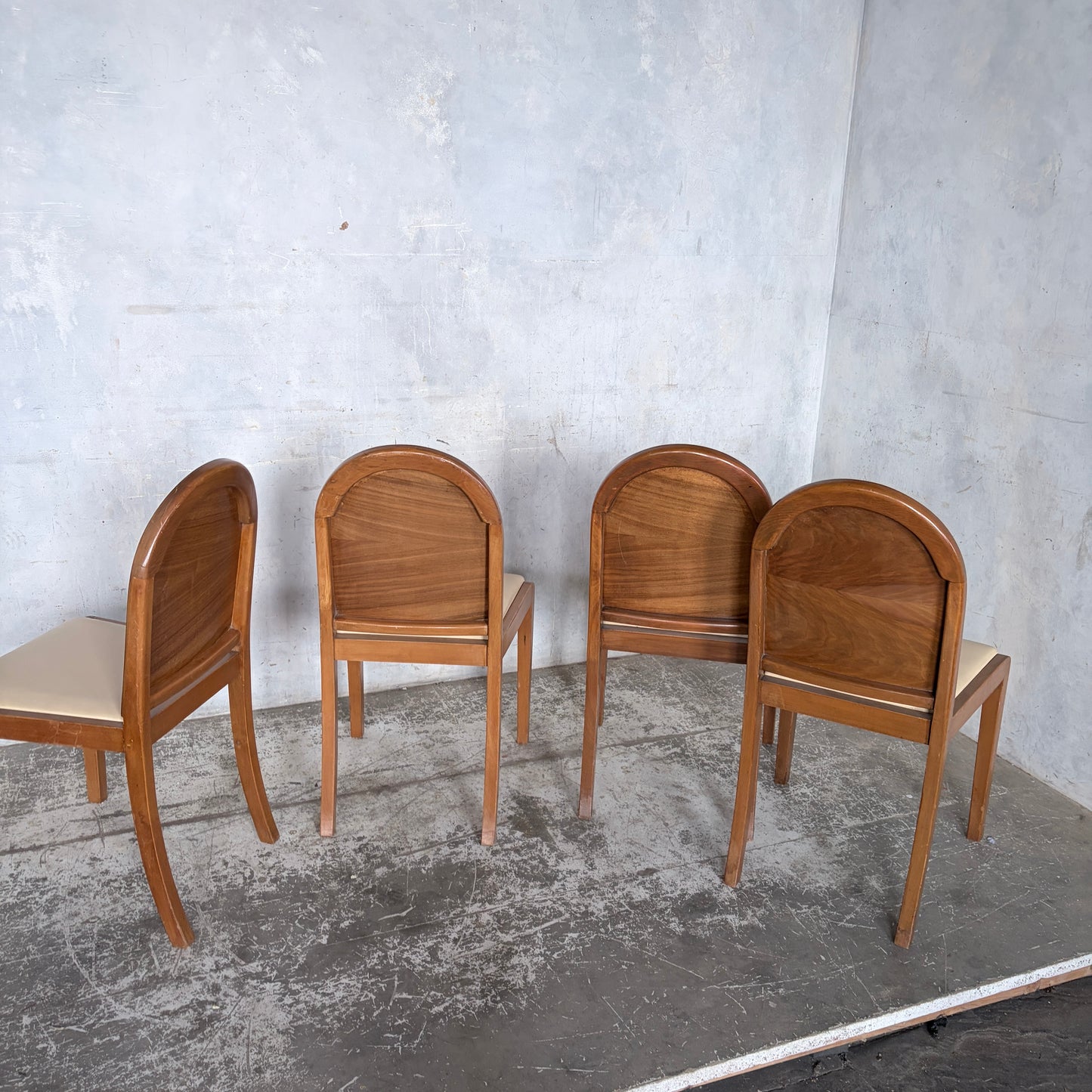 Set of Four Art Deco Burr Walnut Dining Chairs with Cream Upholstered Seats