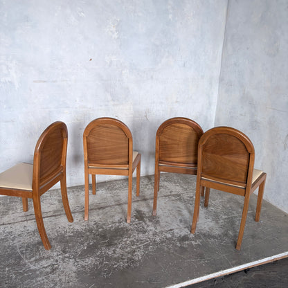 Set of Four Art Deco Burr Walnut Dining Chairs with Cream Upholstered Seats