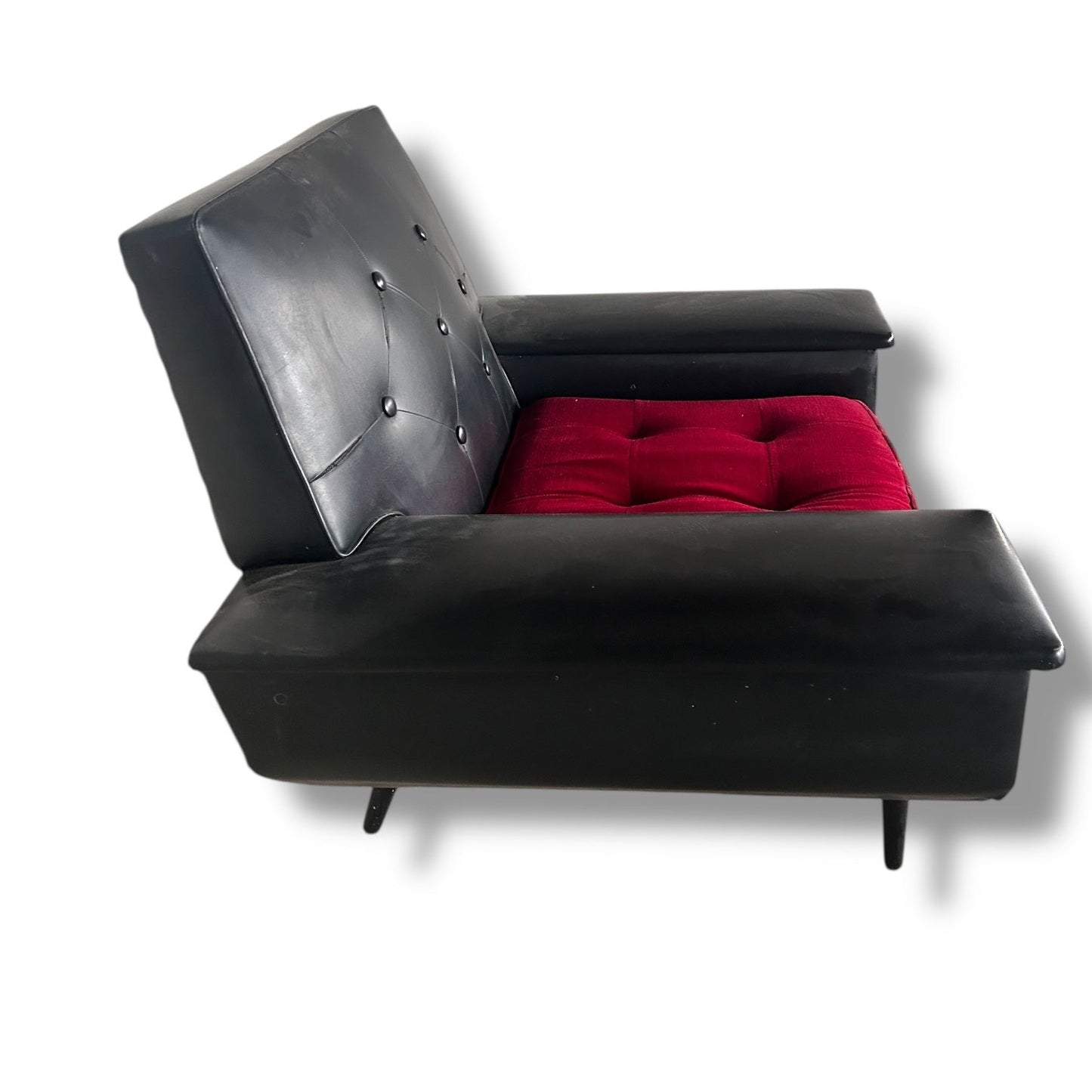 Mid-Century Black Vinyl Armchair with Red Seat Cushion
