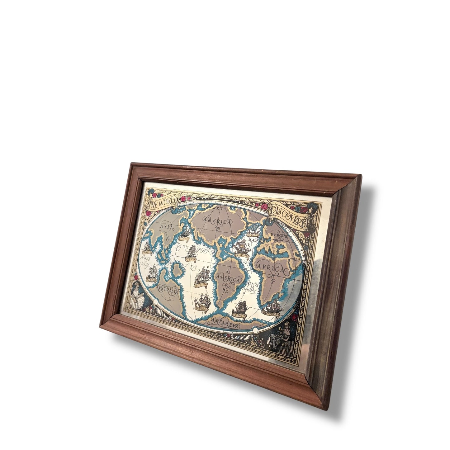 Vintage World Map Mirror in Solid Wood Frame