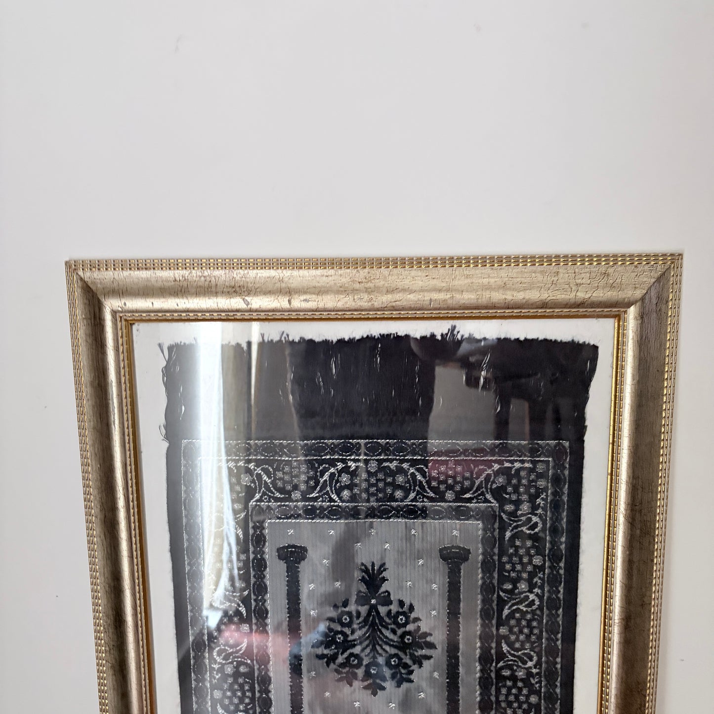 Framed Vintage Islamic Prayer Rug Woven Textile Wall Art Gold Frame