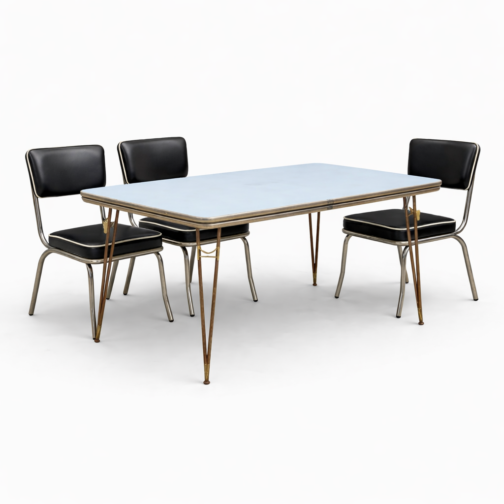 Mid Century Italian Blue Formica Dining Table & 4 Black Vinyl Chrome Chairs Set — view 2