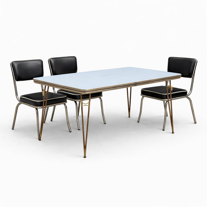 Mid Century Italian Blue Formica Dining Table & 4 Black Vinyl Chrome Chairs Set — view 2