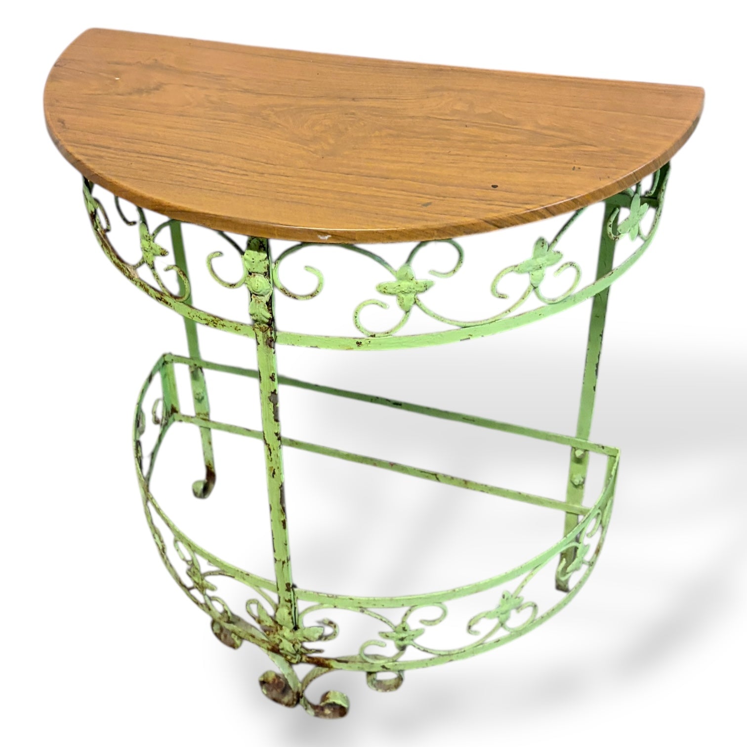 Vintage Wrought Iron Demi-Lune Console Table with Wooden Top — view 7