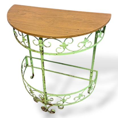 Vintage Wrought Iron Demi-Lune Console Table with Wooden Top — view 7