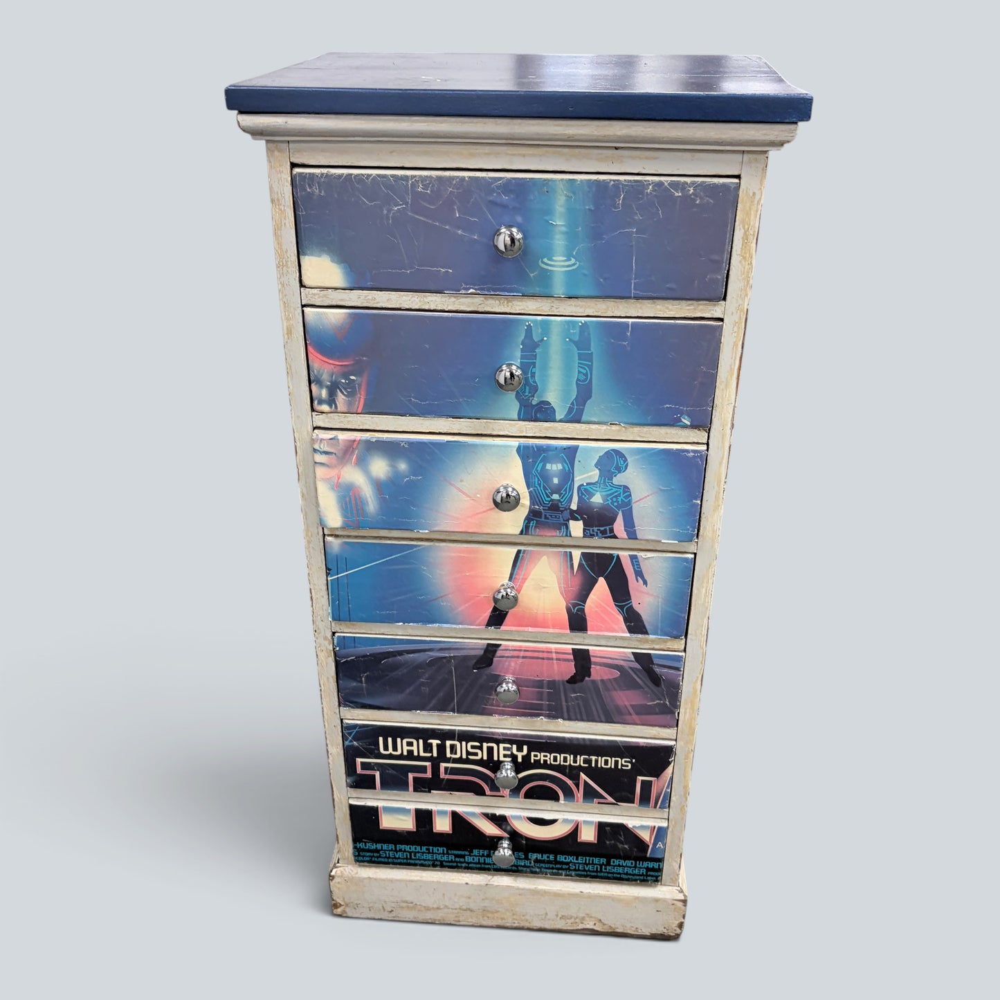Vintage Disney TRON Tallboy Chest of Drawers | Upcycled Film Poster Storage Cabinet | Retro Sci-Fi Furniture