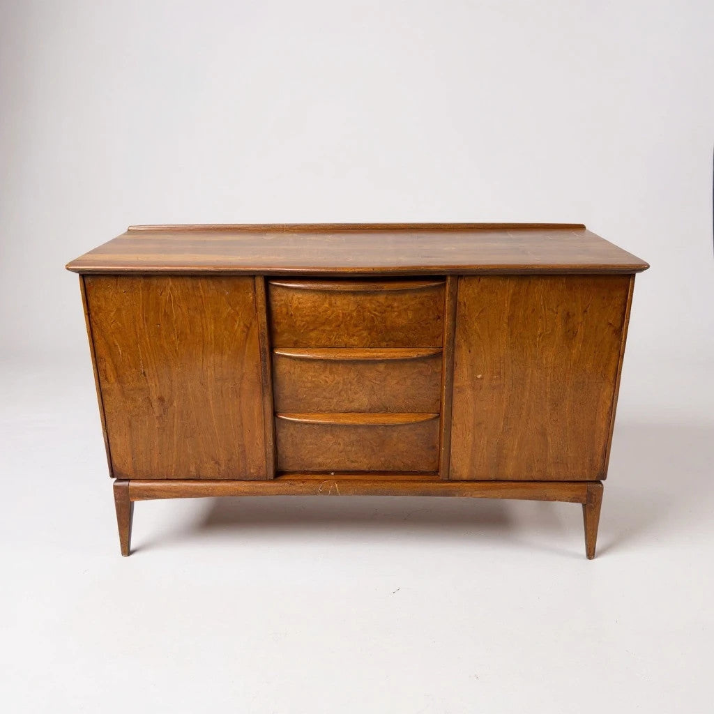 Mid Century Sideboard - McIntosh Walnut Wood Cabinet With Burr Veneer & Sculpted Handles