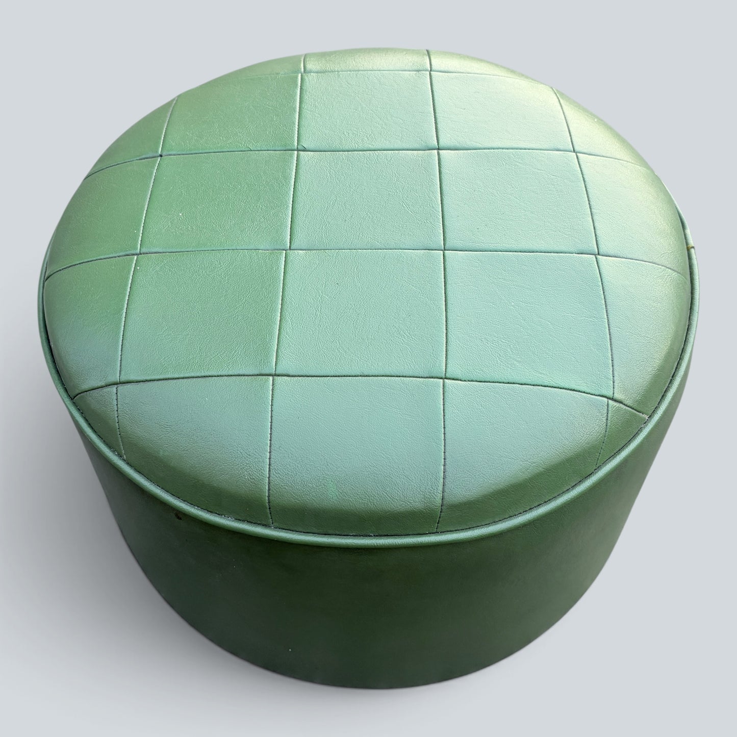 Vintage Mid Century Green Leatherette Pouffe | Round Footstool Ottoman