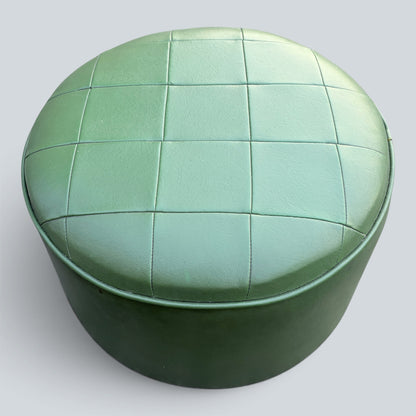 Vintage Mid Century Green Leatherette Pouffe | Round Footstool Ottoman