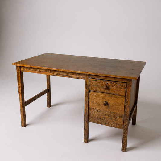 Rustic Oak Mid Century School Desk – Vintage Writing Table MCM Retro Office