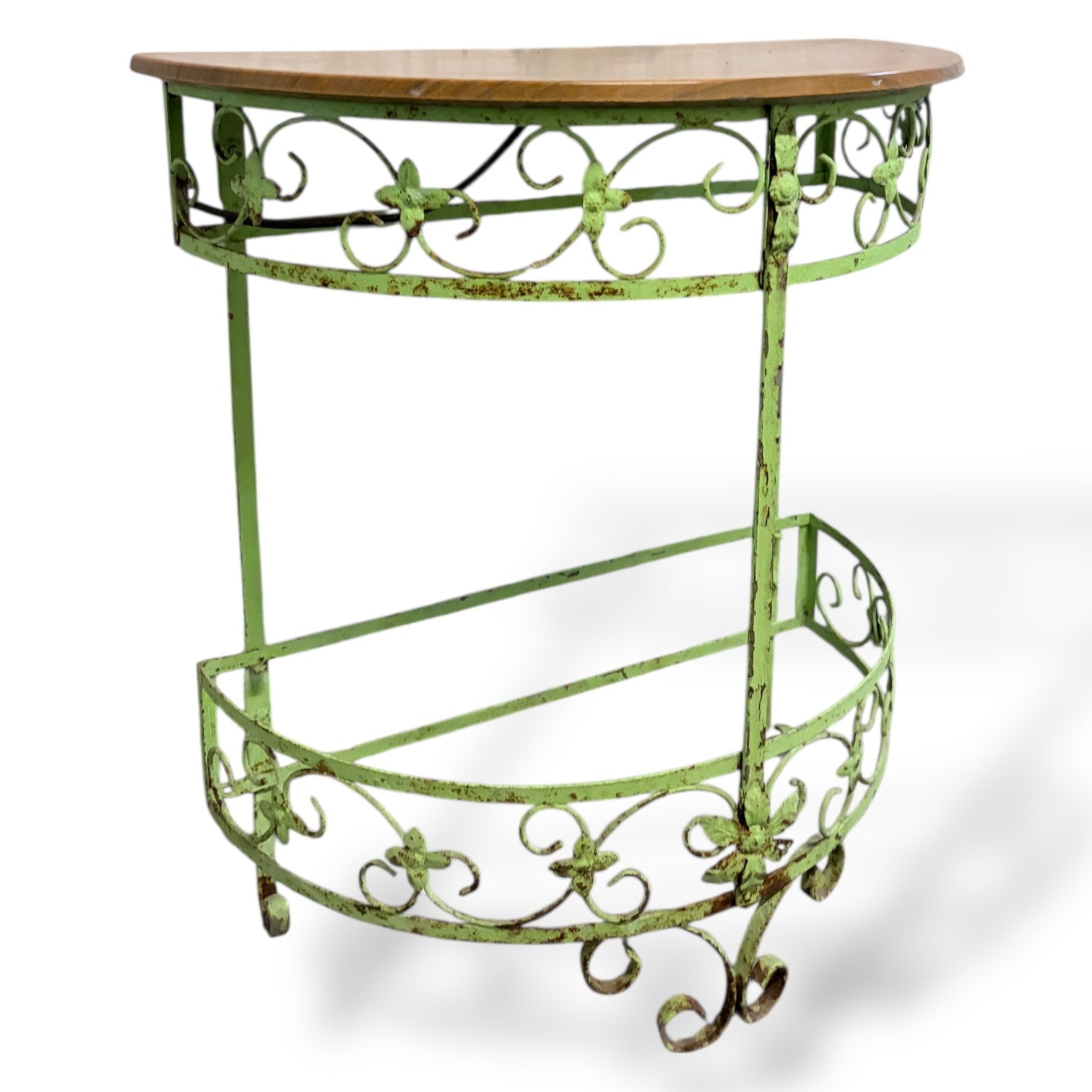 Vintage Wrought Iron Demi-Lune Console Table with Wooden Top — view 4