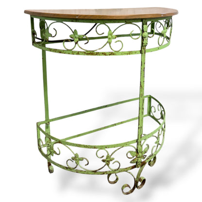 Vintage Wrought Iron Demi-Lune Console Table with Wooden Top — view 4