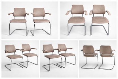 Pair of Mid Century Chrome Cantilever Dining Chairs / Bauhaus Style Stacking Chairs