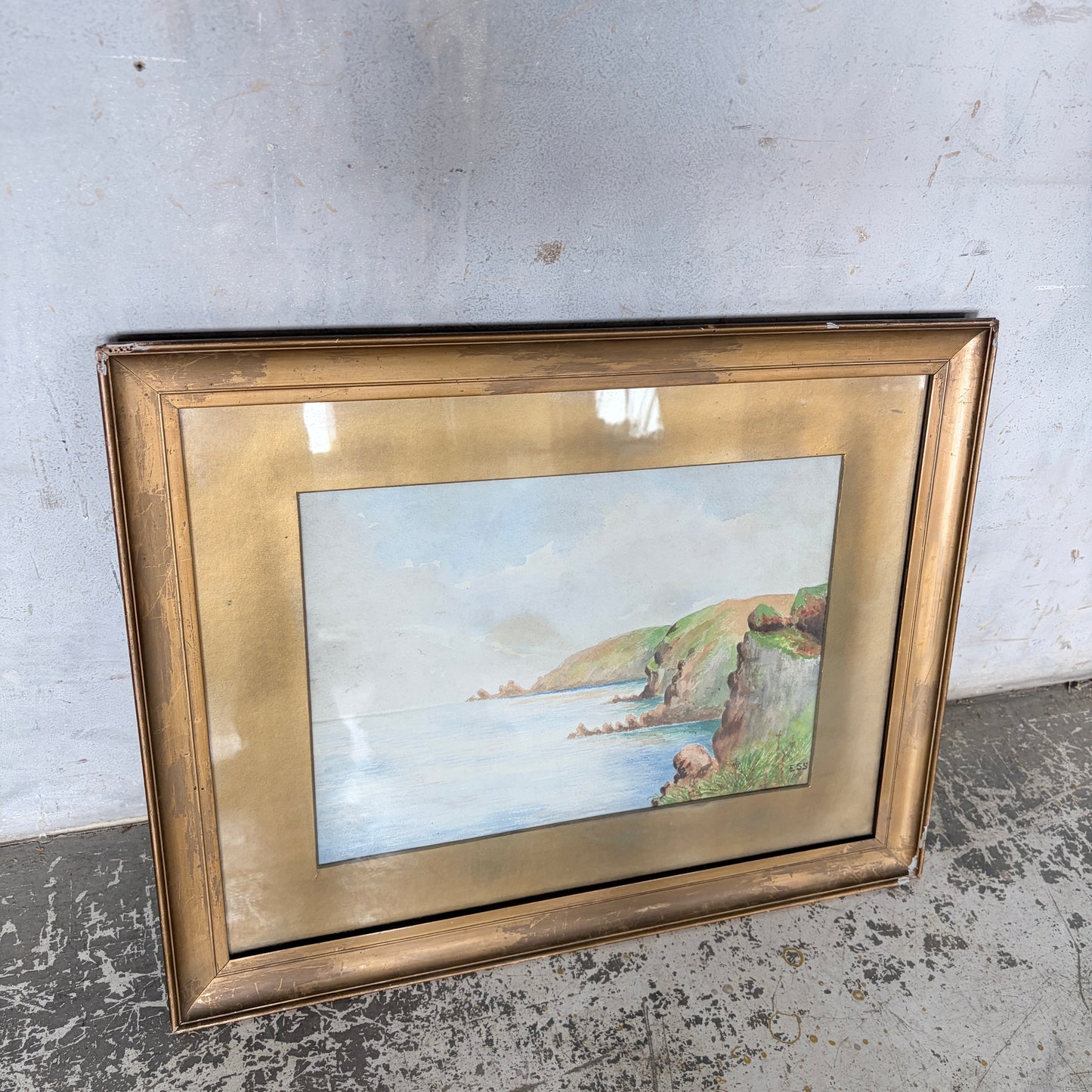 1950s Coastal Watercolour Landscape Painting in Original Gilt Frame