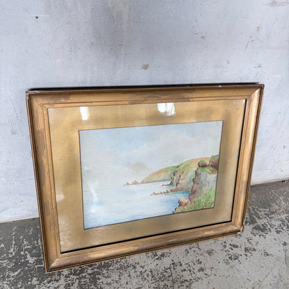 1950s Coastal Watercolour Landscape Painting in Original Gilt Frame