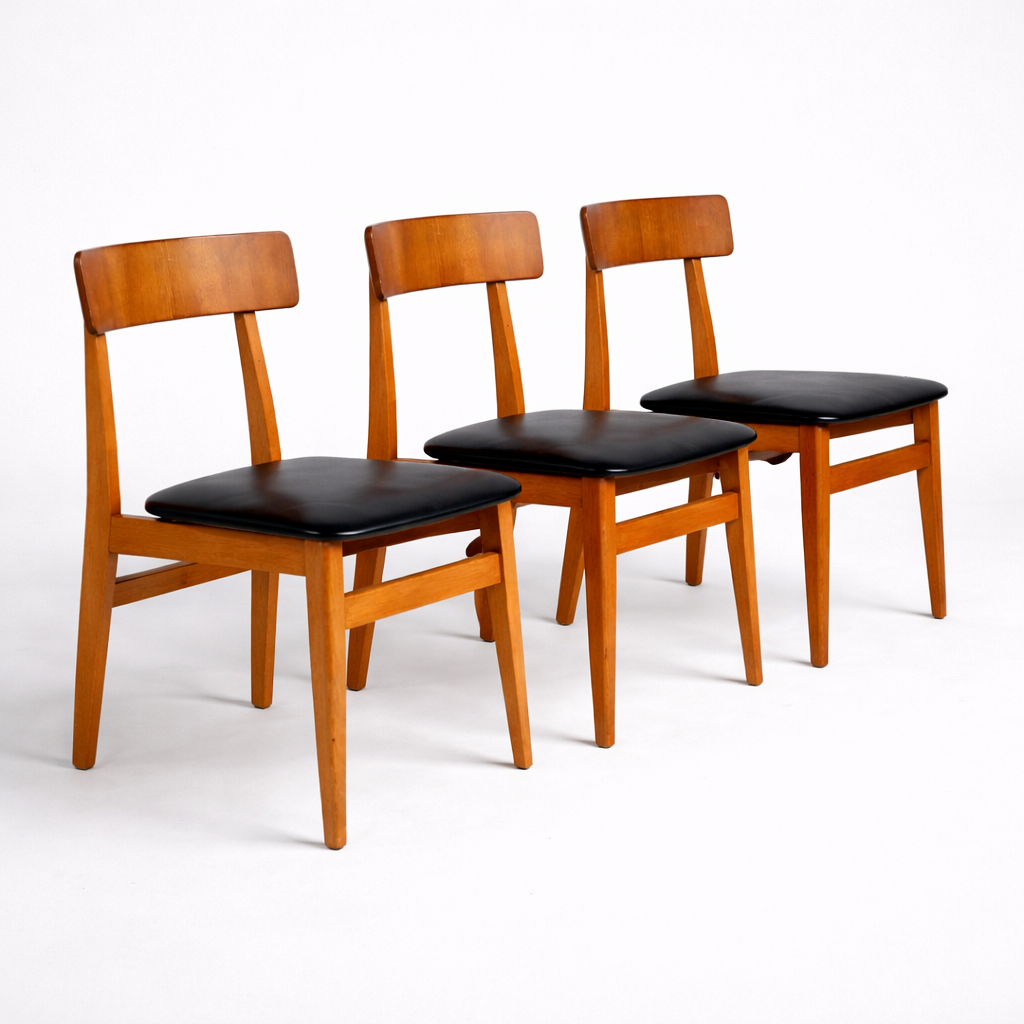 Mid Century Danish Teak Dining Chairs – Set of 3, Black Vinyl Seats