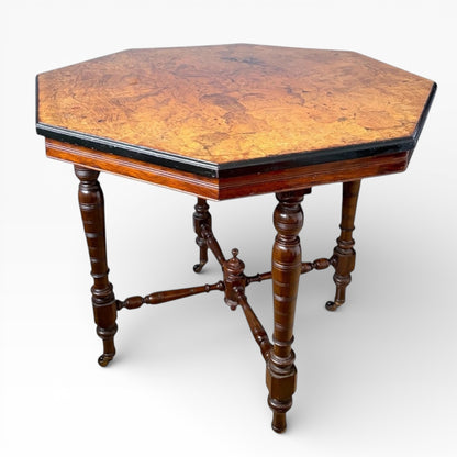 Antique Burr Walnut Table | Compact Octagonal Dining Table with Ebonised Edge & Mahogany Base