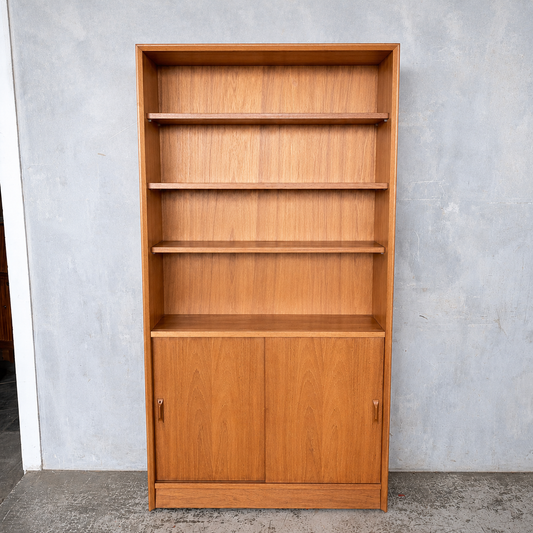 Mid Century Herbert Gibbs Teak Sliding Door Bookcase | Tall Vintage Teak Display