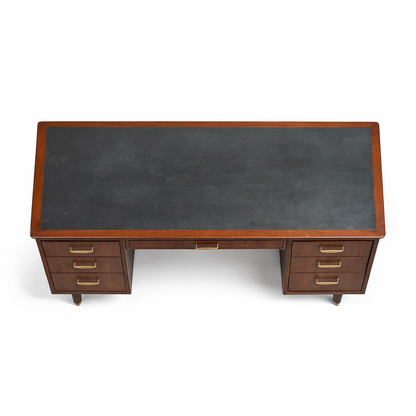 Mid Century Mahogany Desk with Blue-Grey Leather Writing Surface