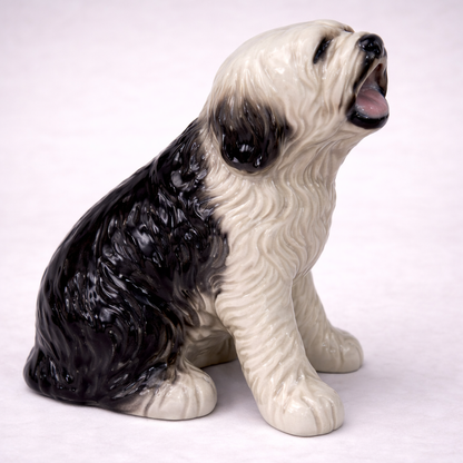 Large Vintage Old English Sheepdog Ceramic Statue – Mid-Century Black & White Glazed Dog Sculpture