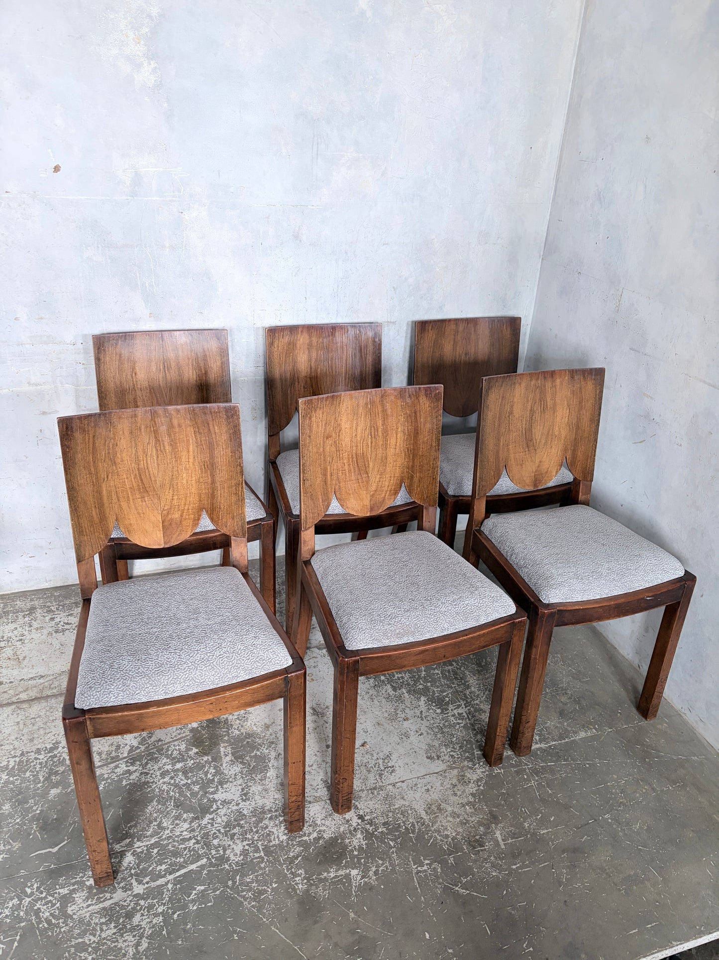 Art Deco Walnut Dining Chairs – Set of Six Sculptural Vintage Dining Chairs