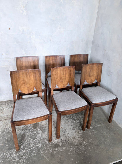 Art Deco Walnut Dining Chairs – Set of Six Sculptural Vintage Dining Chairs