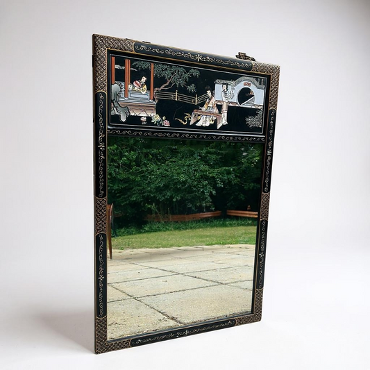 Vintage Chinoiserie Black Lacquer Mirror with Egret & Peony Panel – Scenic Oriental Wall Mirror