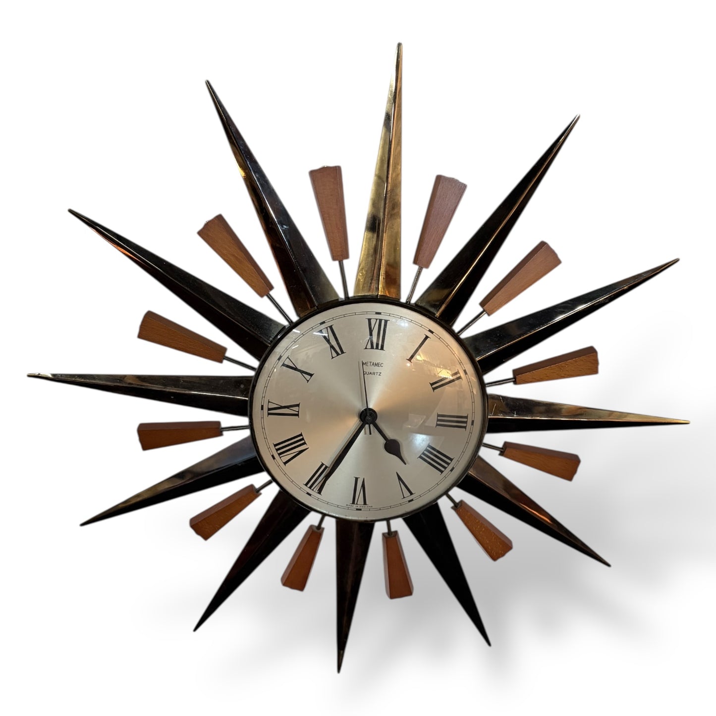 Mid-Century Metamec Sunburst Wall Clock – Brass & Teak, Quartz Movement — view 5