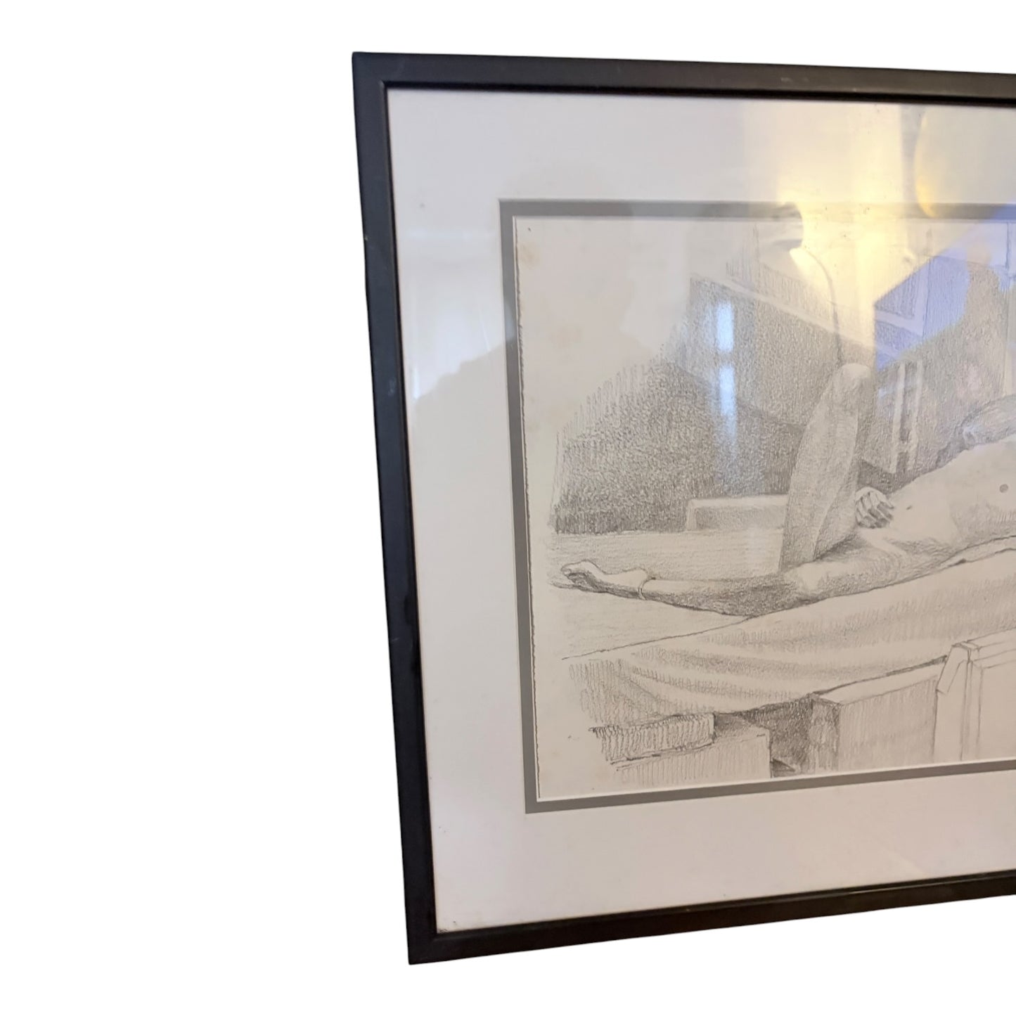 Vintage Framed Figurative Pencil Drawing – 1990s Nude Study Sketch Artwork