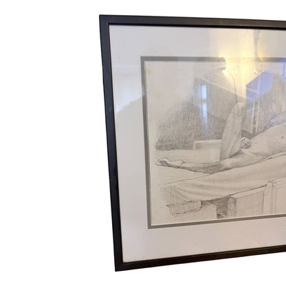 Vintage Framed Figurative Pencil Drawing – 1990s Nude Study Sketch Artwork