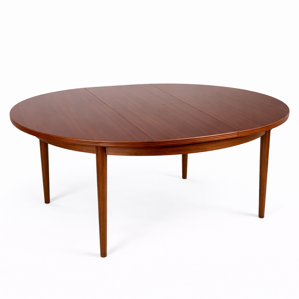 Afromosia Teak Round Extending Dining Table with Tapered Legs — view 3