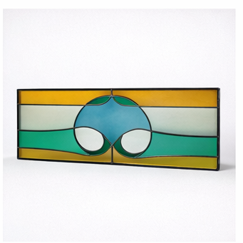 Vintage Stained Glass Window Panel – Geometric Leaded Glass in Green, Amber & Blue
