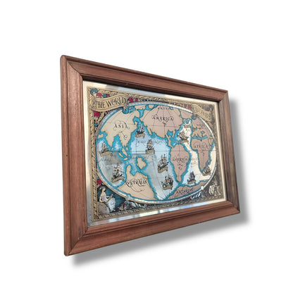 Vintage World Map Mirror in Solid Wood Frame