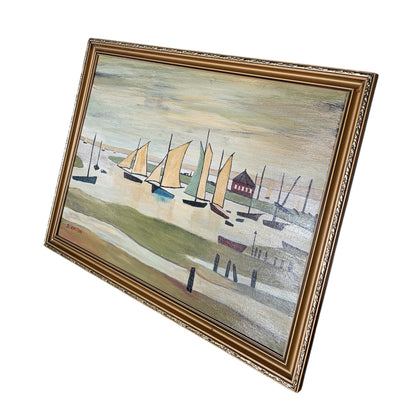 Vintage Coastal Harbour Painting by D. Ayrton – Sailboats & Shoreline in Ornate Gold Frame