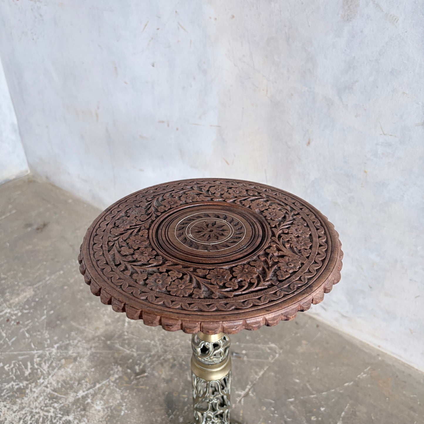Antique Hand-Carved Wooden & Brass Plant Stand | Indian Carved Pedestal Side Table