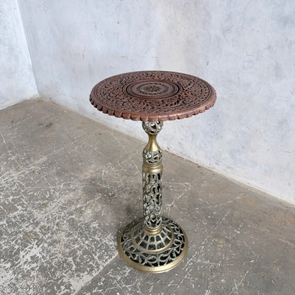 Antique Hand-Carved Wooden & Brass Plant Stand | Indian Carved Pedestal Side Table