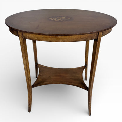Edwardian Side Table - Antique Oval Wood Table with Decorative Inlay and Tapered Legs