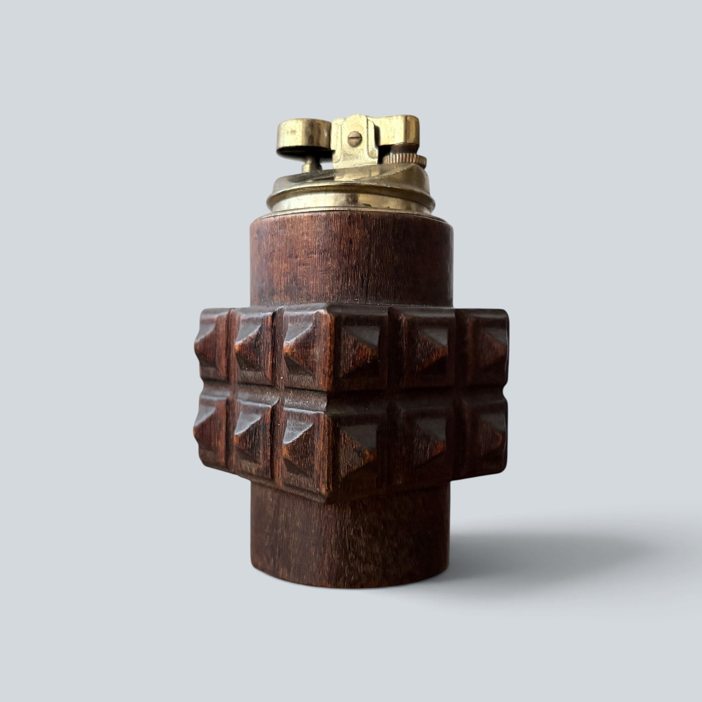 Vintage Brutalist Carved Wood Table Lighter – Mid-Century