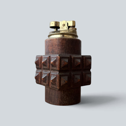 Vintage Brutalist Carved Wood Table Lighter – Mid-Century