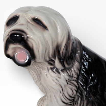 Large Vintage Old English Sheepdog Ceramic Statue – Mid-Century Black & White Glazed Dog Sculpture