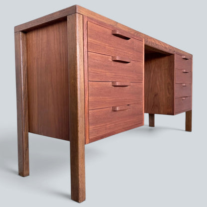 Mid Century Alfred Cox Teak and Oak Twin Pedestal Desk Eight Drawer Executive Office Desk