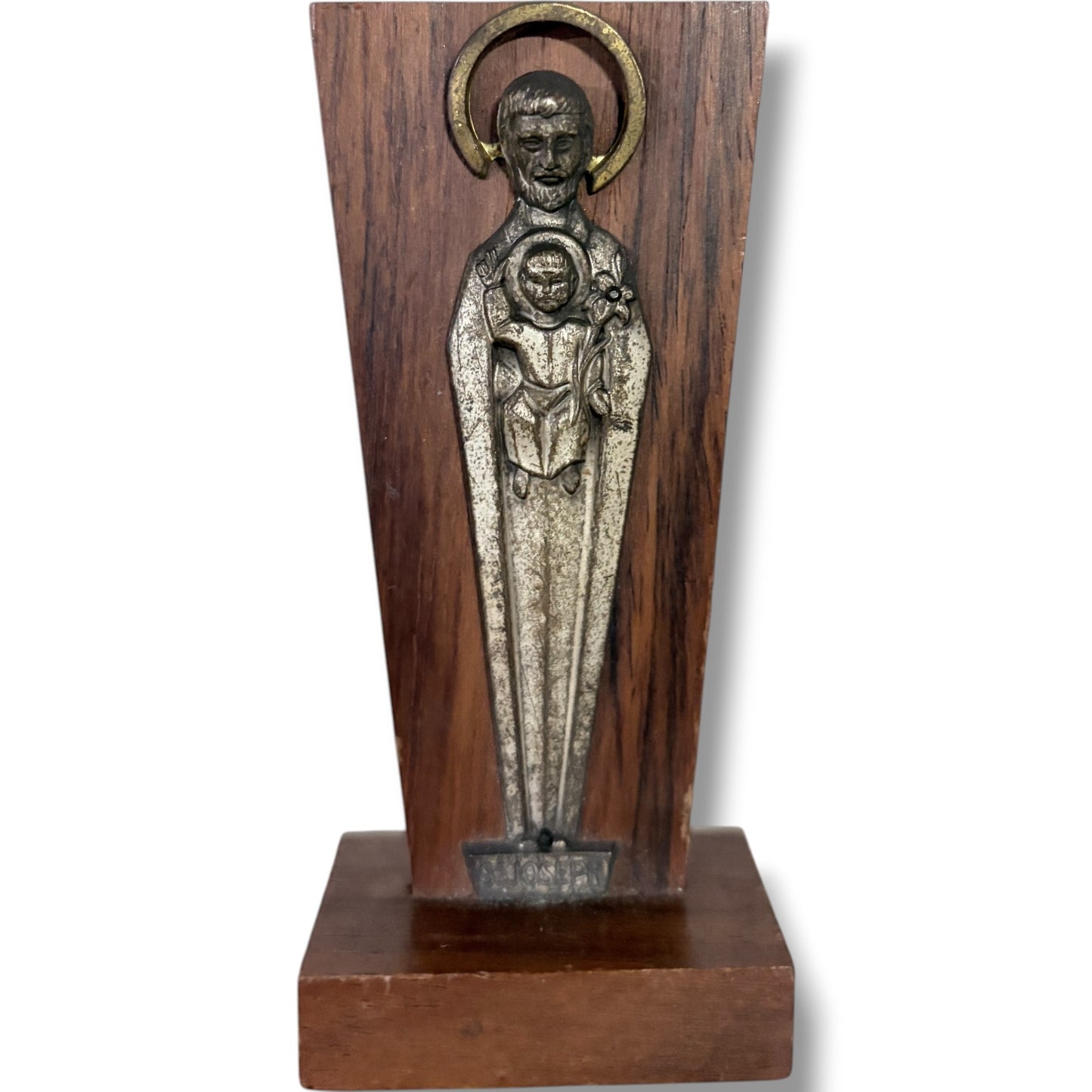 Mid Century Religious Sculpture – St Joseph Statue with Christ Child on Solid Wood Plinth