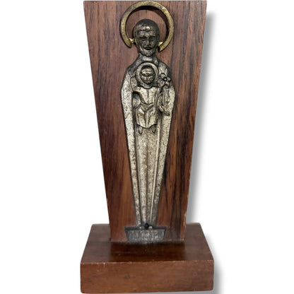 Mid Century Religious Sculpture – St Joseph Statue with Christ Child on Solid Wood Plinth