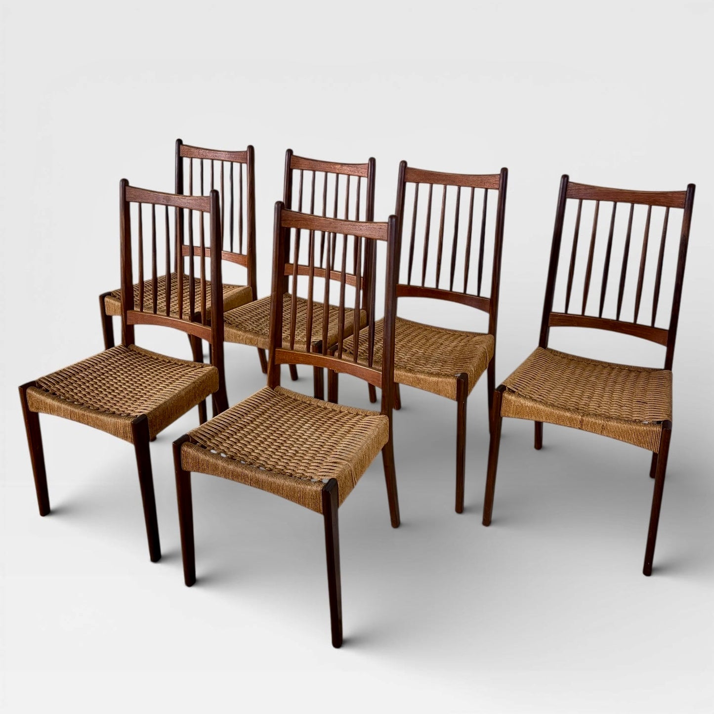 Arne Hovmand-Olsen MK200 Dining Chairs Set of 6 Danish Mid Century Teak & Paper Cord Chairs