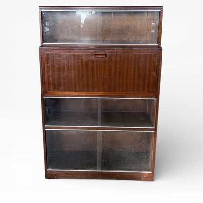 Vintage Stacking Bookcase With Drop Front Bureau & Glass Sliding Doors - Mid Century Furniture