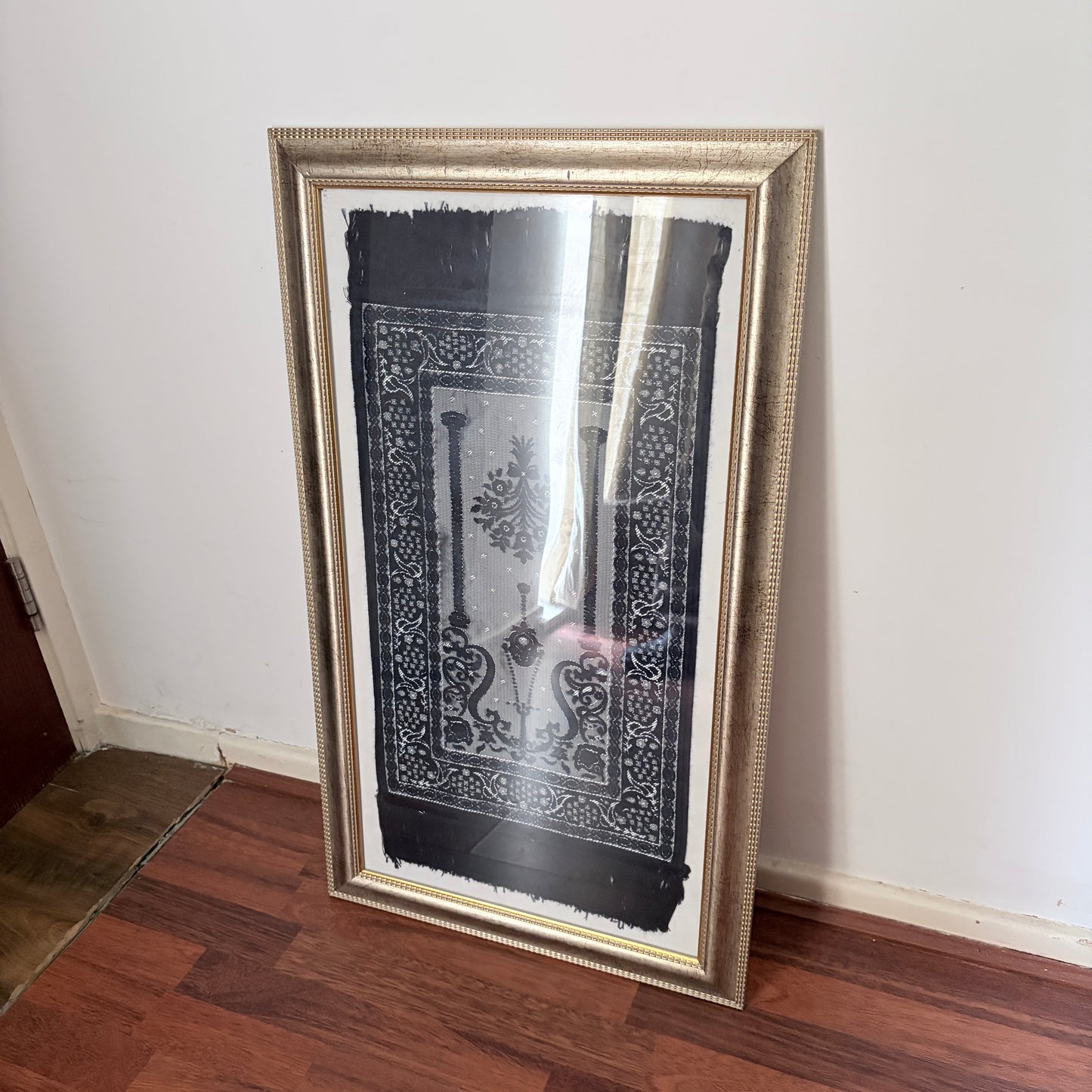 Framed Vintage Islamic Prayer Rug Woven Textile Wall Art Gold Frame