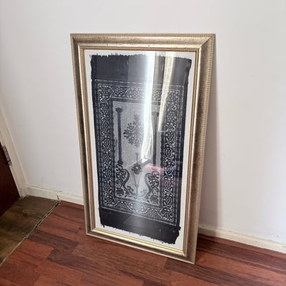 Framed Vintage Islamic Prayer Rug Woven Textile Wall Art Gold Frame