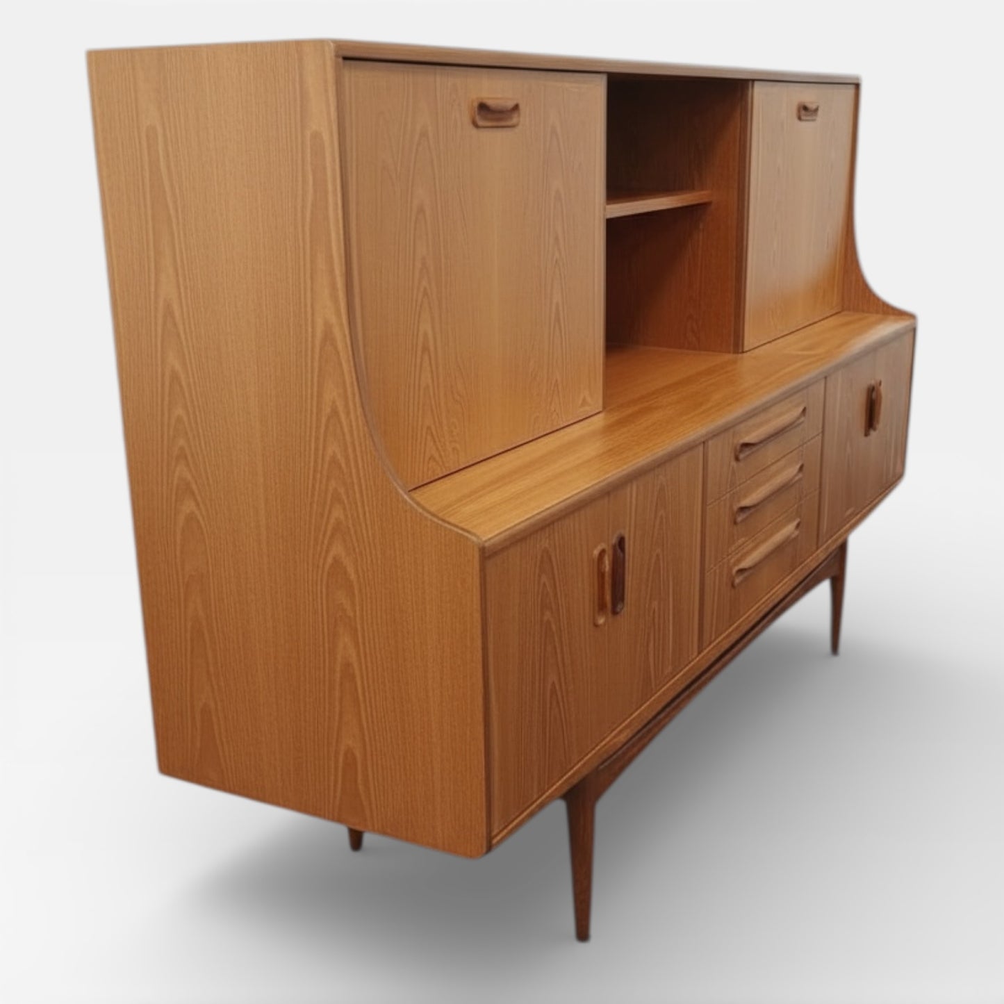 Mid Century Sideboard | Vintage Teak Cabinet With Sliding Doors & Tapered Legs