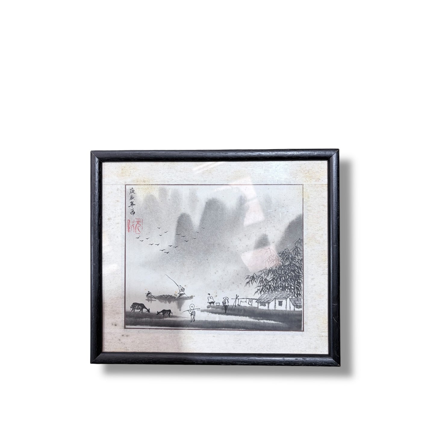 Vintage Oriental Ink Landscape Painting – Framed Asian Watercolour Artwork — view 3